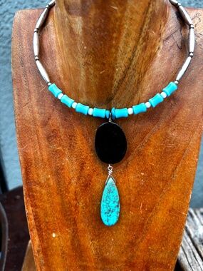 Handmade Black Stone & Man-Made Turquoise Statement Necklace | Churoncalla